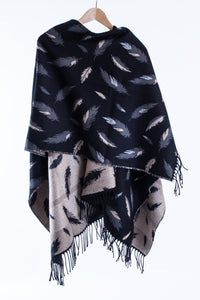 Fringed Shawl with Feather Motif