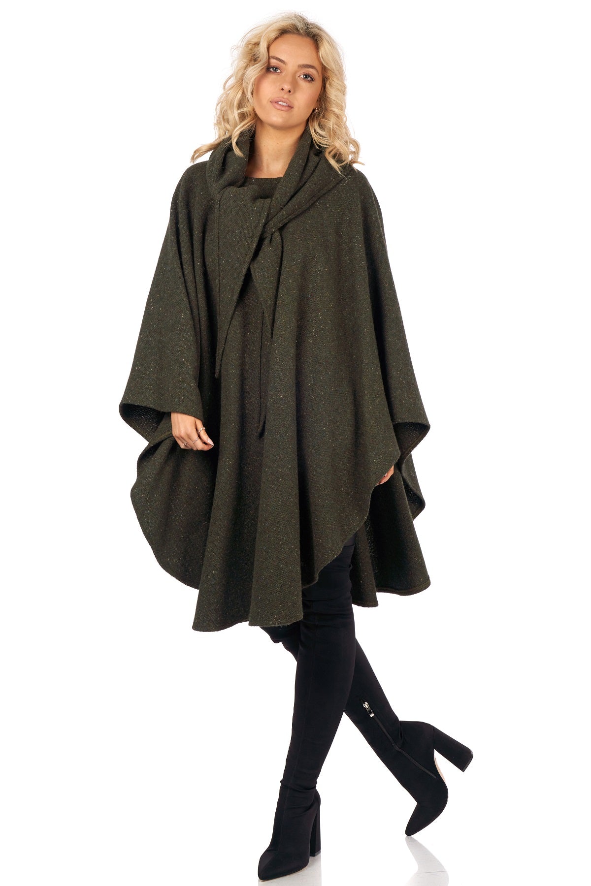 Knee Length Cape in Donegal Tweed with Convertible Hood