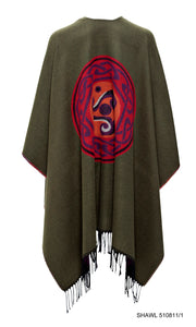 Fringed Shawl in Moss Green with Celtic Motif