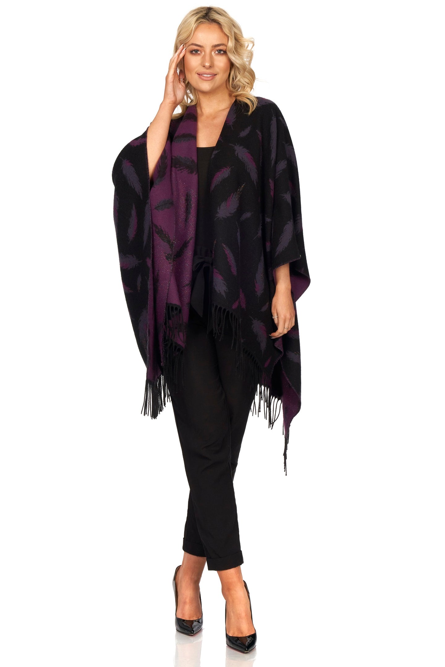 Fringed Shawl with Feather Motif