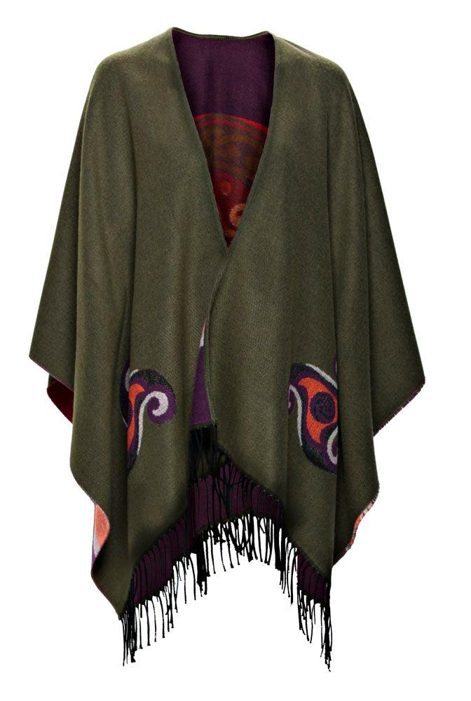 Fringed Shawl in Moss Green with Celtic Motif